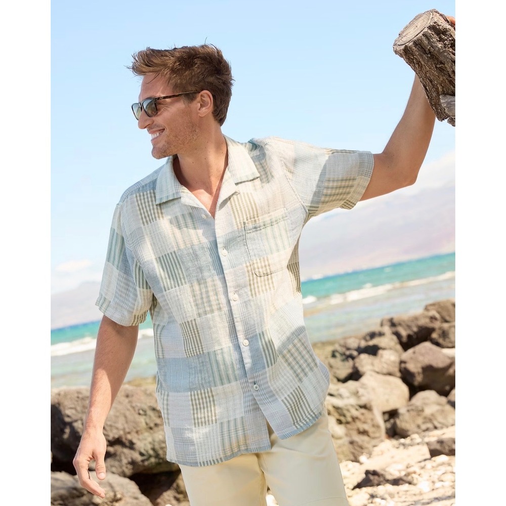 Tommy Bahama Mens XXL Patchwork Plaid Camp Shirt Blue Green Short Sleeve Cotton